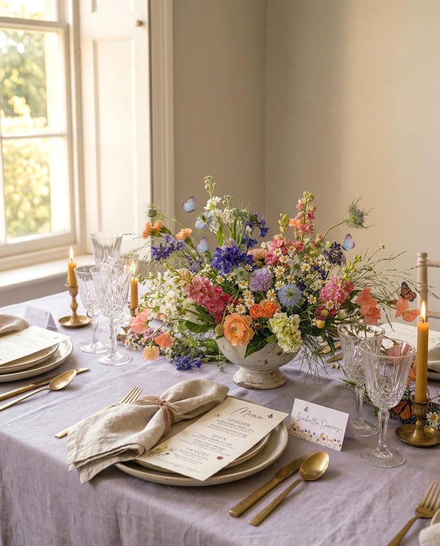 An elegant table setting featuring a floral arrangement in a white vase. The table is dressed with a lavender tablecloth, plates, cutlery, and crystal glasses. Candles and menu cards enhance the sophisticated atmosphere.