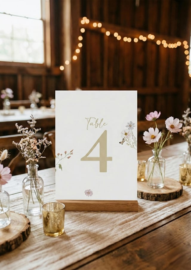 Wildflower table number 4 in an oak block stand on a rustic barn table, with bud vases of pink cosmos, gold votives and fairy lights.