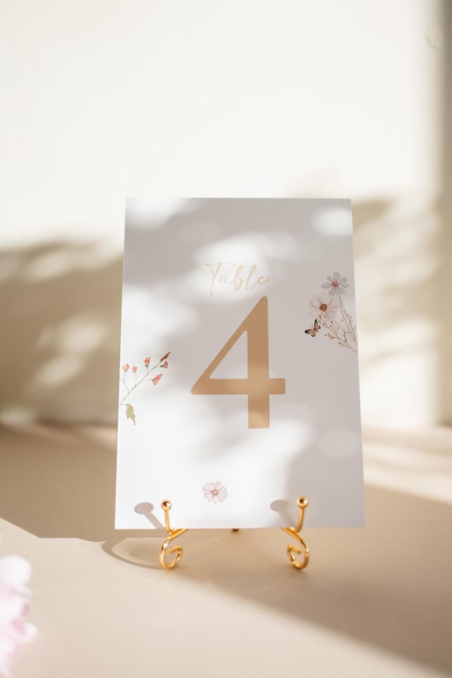 A white card with the text "Table 4" in gold lettering. The card is decorated with watercolour floral illustrations and is displayed on a gold metal stand.