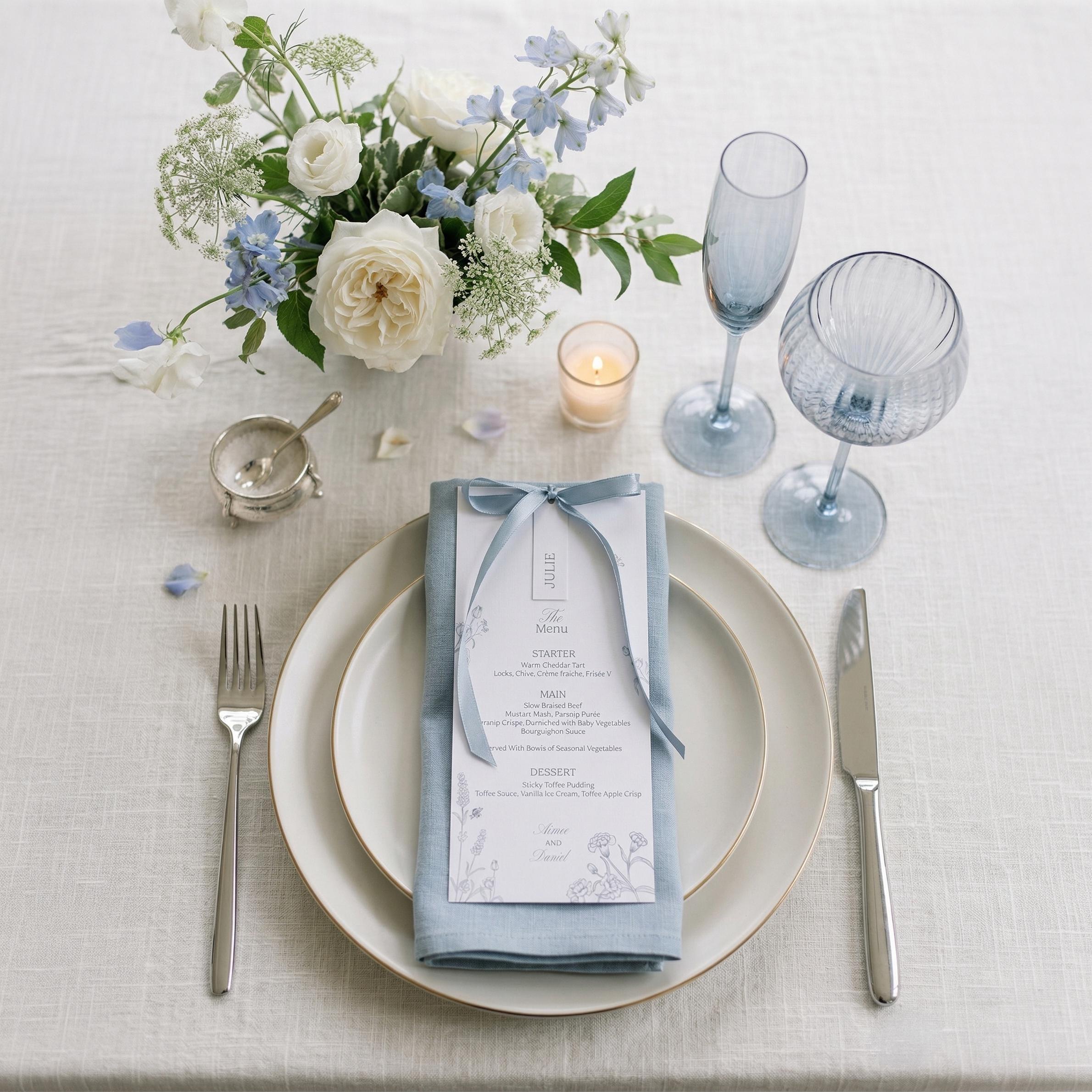Dusty blue botanical menu with a name tag reading Julie, tied with a pale blue satin ribbon and laid on a blue linen napkin at a place setting with blue glassware and white roses