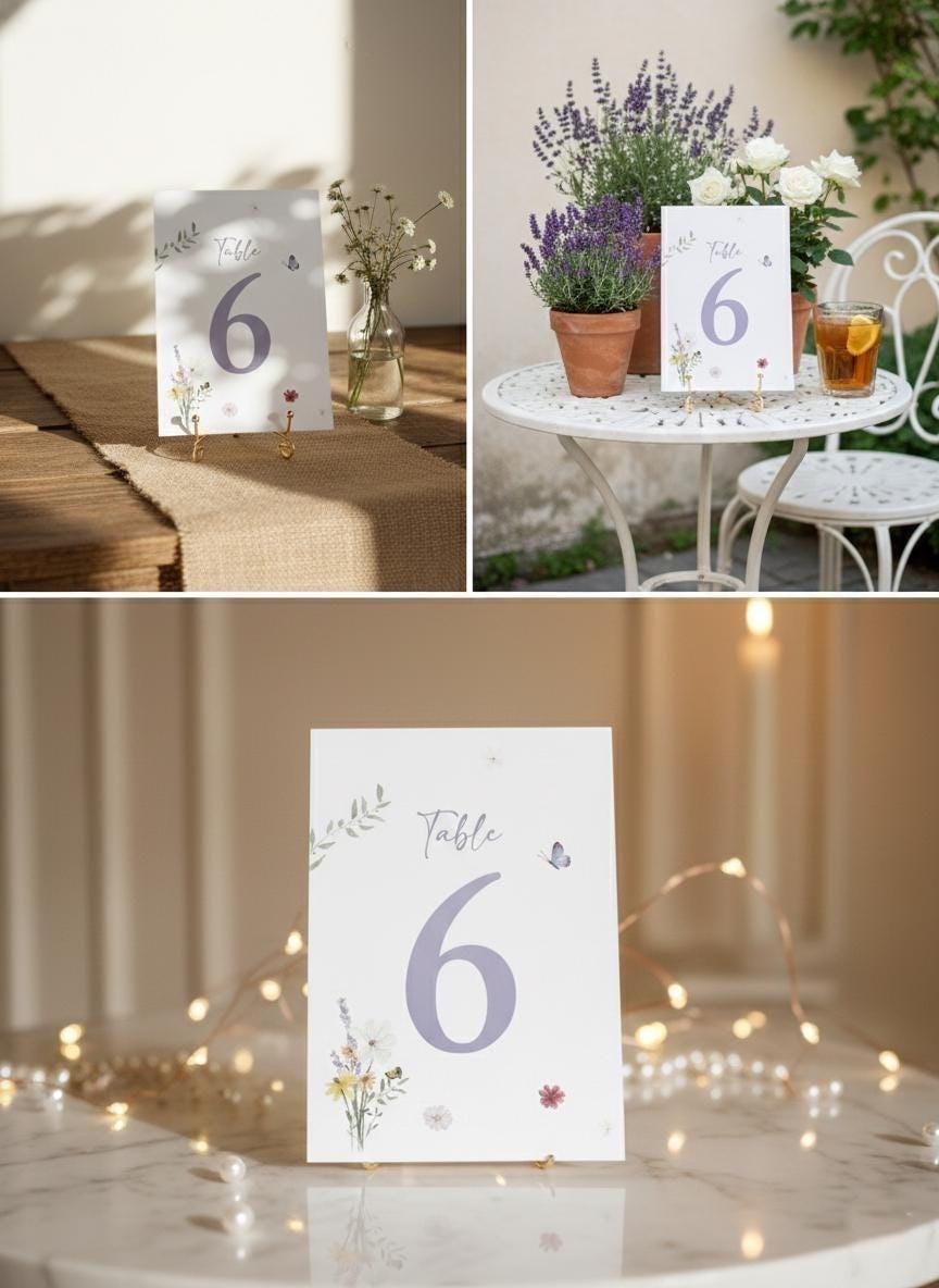 Three settings for meadow wildflower table number 6: on a hessian runner beside a glass bottle of wildflowers, on a white bistro table with potted lavender and white roses, and on a marble table with fairy lights