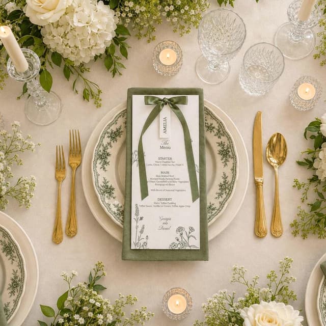 Olive green botanical wedding menu for Georgia and Daniel tied with a sage satin bow and an Amelia name tag, listing a starter, main and dessert, on a green napkin and green floral plate with gold cutlery, candles and white flowers