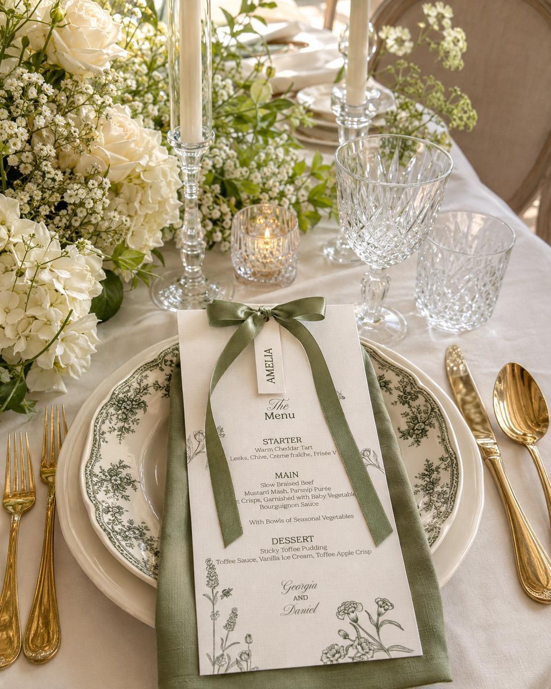 Botanical wildflower wedding menu tied with an olive green satin ribbon bow and a name tag