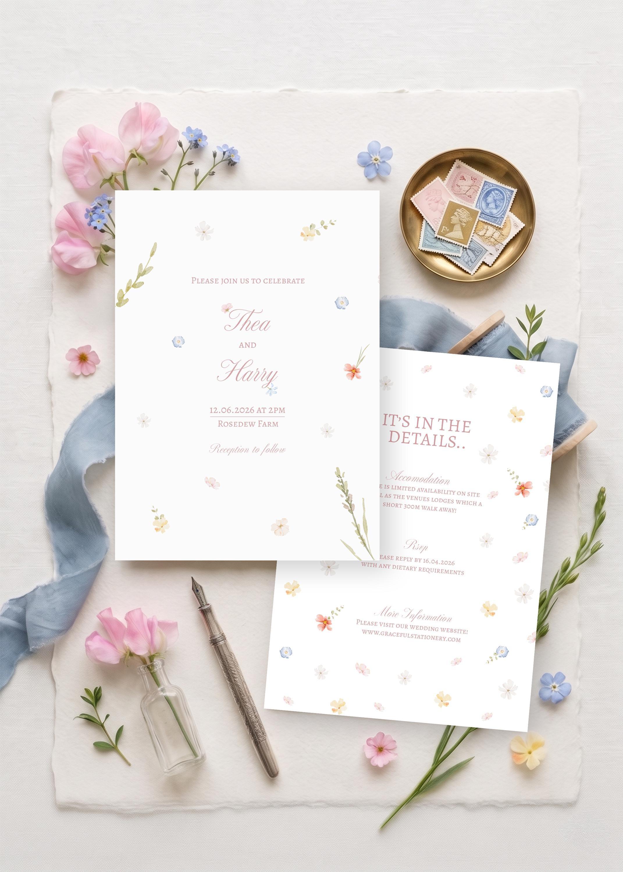 Pastel wildflower wedding invitation for Thea and Harry with tiny scattered watercolour flowers in pink, blue and yellow, beside an ‘It’s in the details’ card, a dusty blue silk ribbon, vintage stamps and a fountain pen