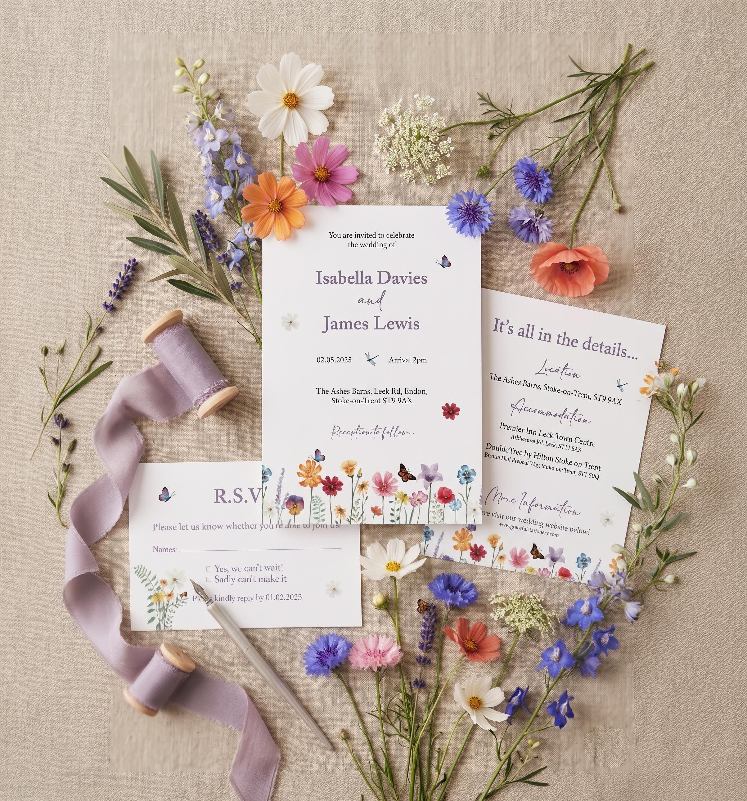 Watercolour wildflower wedding invitation for Isabella Davies and James Lewis with a matching RSVP card and ‘It’s all in the details’ card, surrounded by cornflowers, cosmos, poppies, lavender and a lilac silk ribbon on a wooden spool